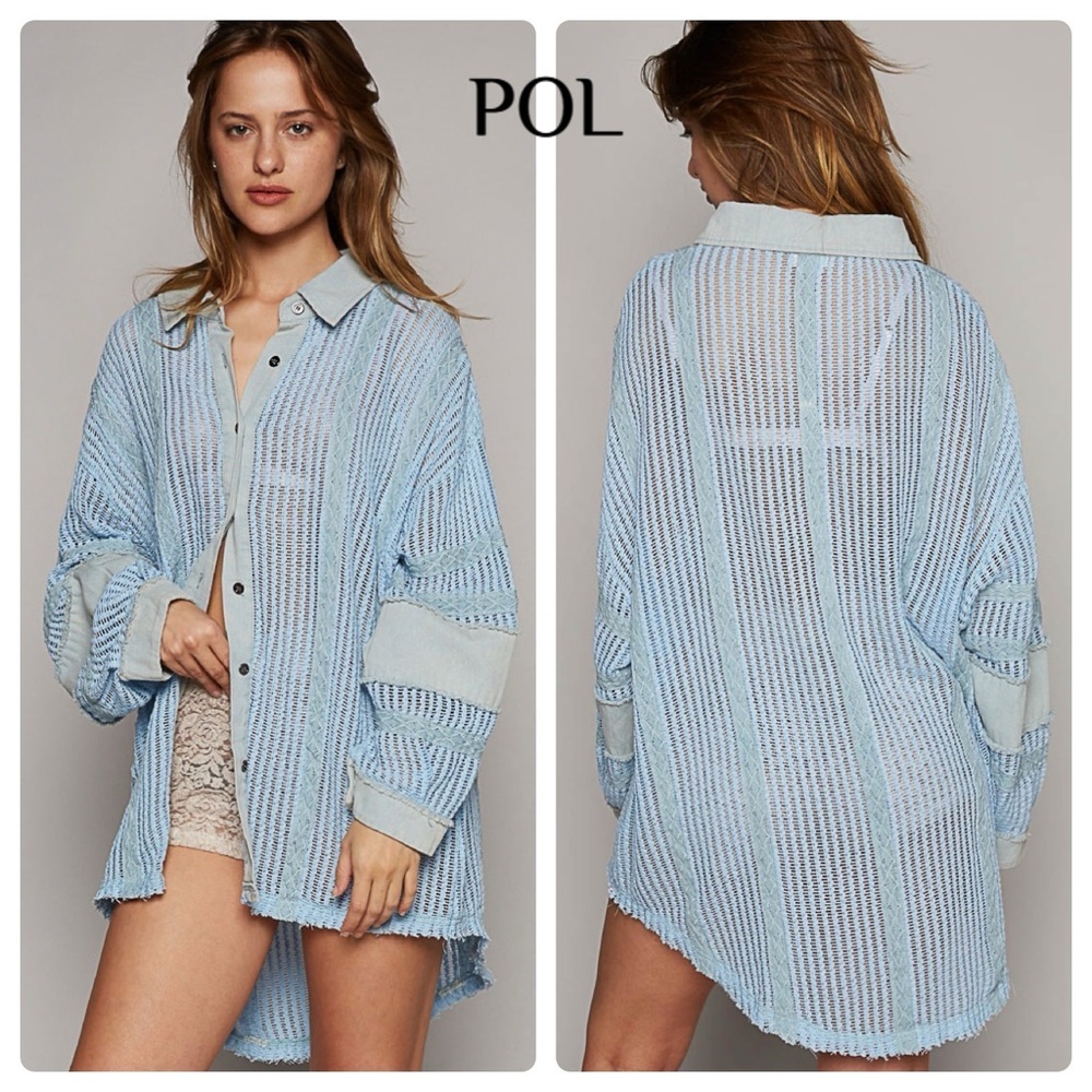 POL Light Blue Sheer Button-Up Top NWOT